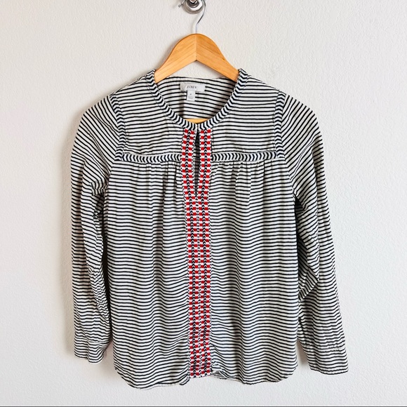 J. Crew Embroidered Embellished Cream Striped Long Sleeve Blouse - Picture 1 of 14